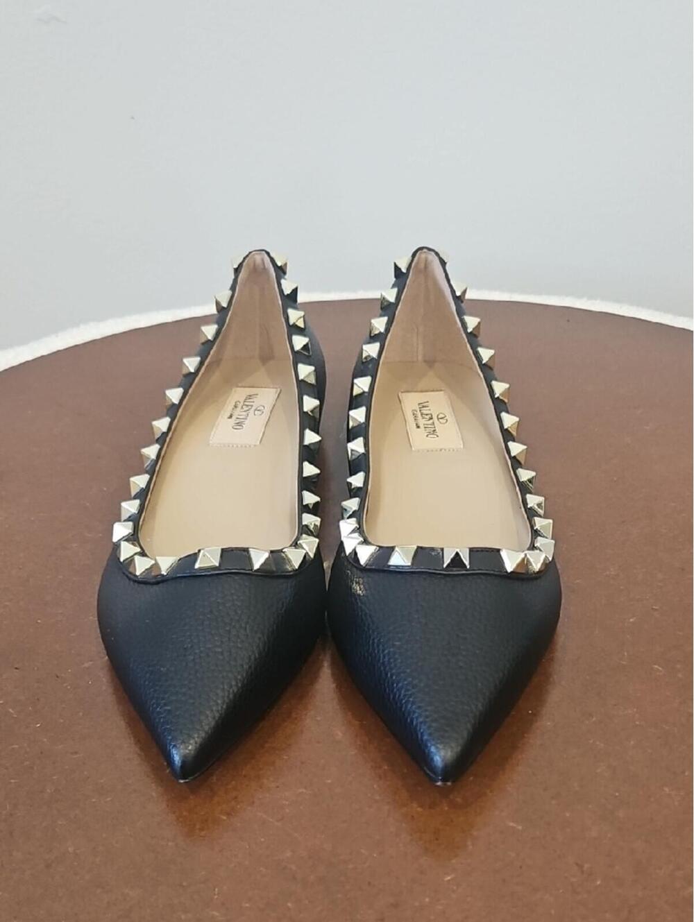 Valentino Black Leather Pointed Rockstud Trim Ballet Flats